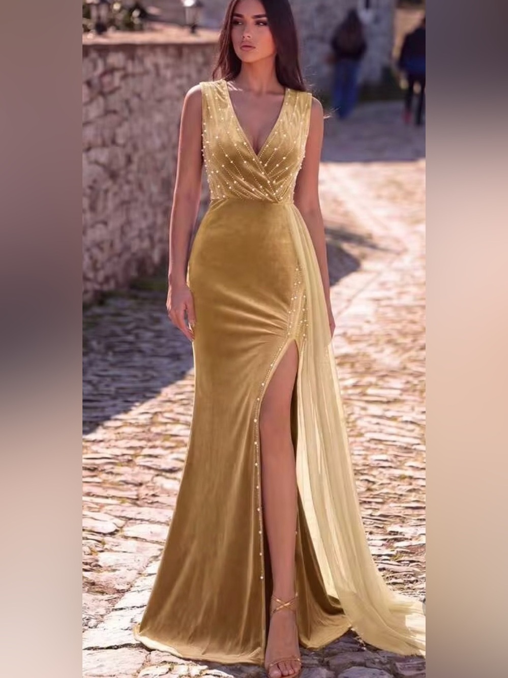 FAERIESTY Gold Velvet Pearl Beaded Tulle Formal Gown Size S